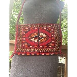 Hand Loom Woven Turkmen Carpet Bag  W/ Papers Red Artist Purse BraidStrap